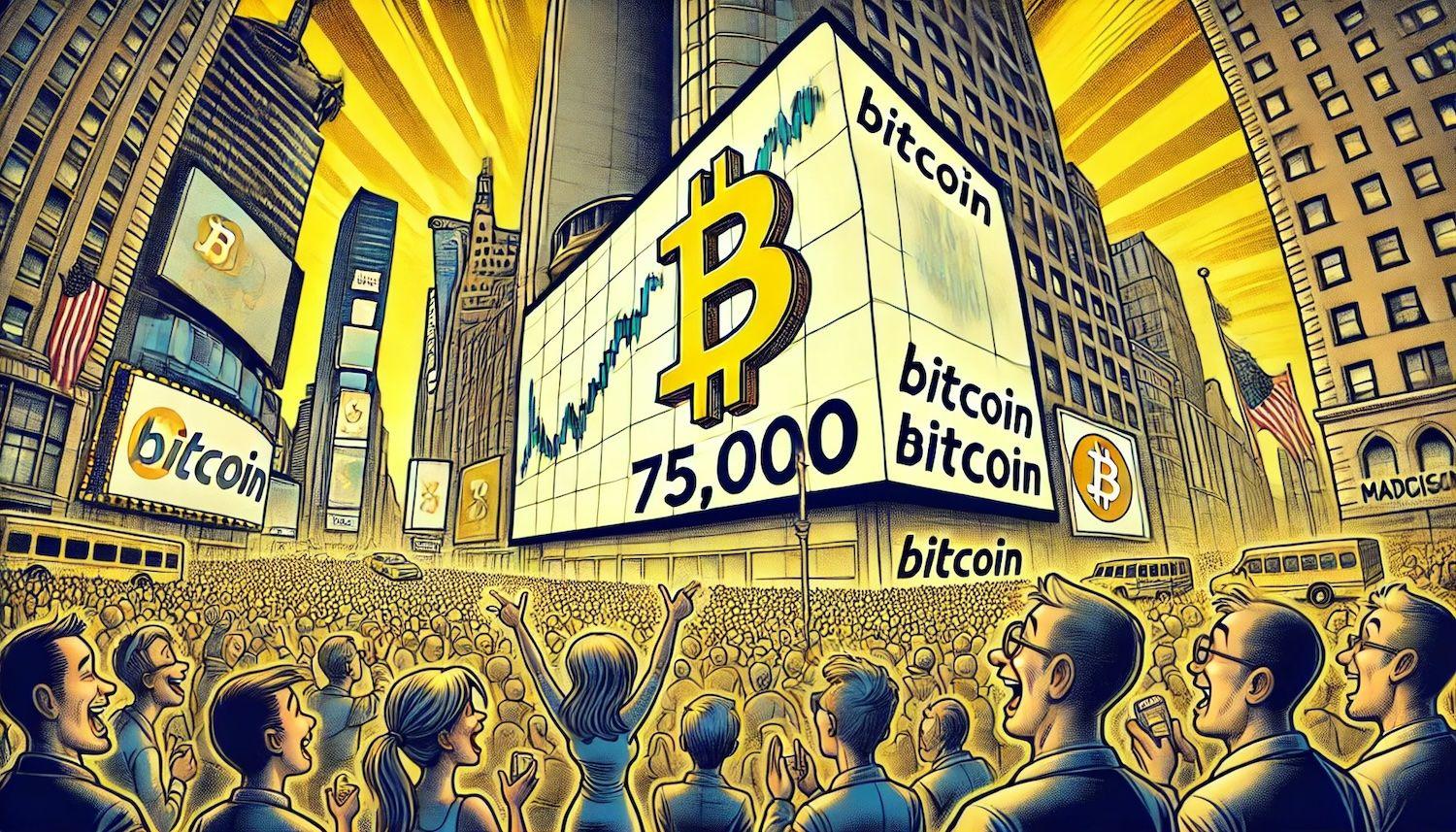 비트코인, 선거 초기 데이터로 인해 시장 반응하며 기록적인 $75,000 돌파
