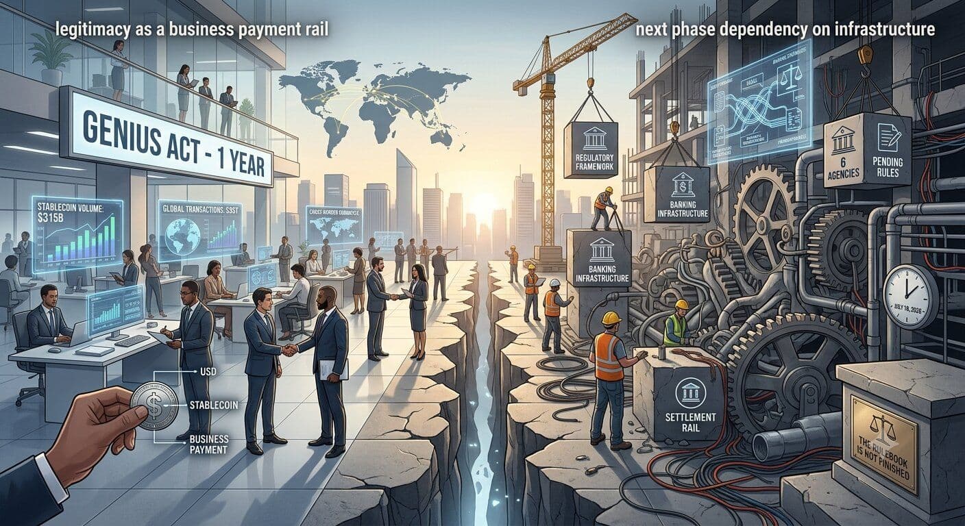 Executives analyze stablecoin payment infrastructure as the GENIUS Act anniversary highlights rising adoption and unfinished rulemaking.