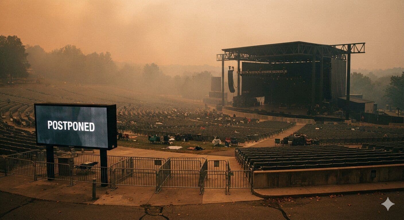 Smoke-hazy outdoor amphitheater stage at dusk representing canceled live music shows amid wildfire conditions and tokenized ticketing platforms.