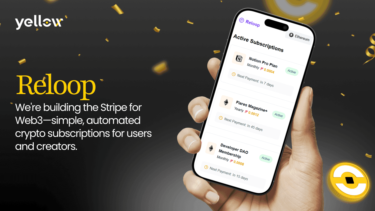 Plataforma Web3 Reloop lança serviço de assinatura cripto sem taxas de gás construído com Yellow SDK
