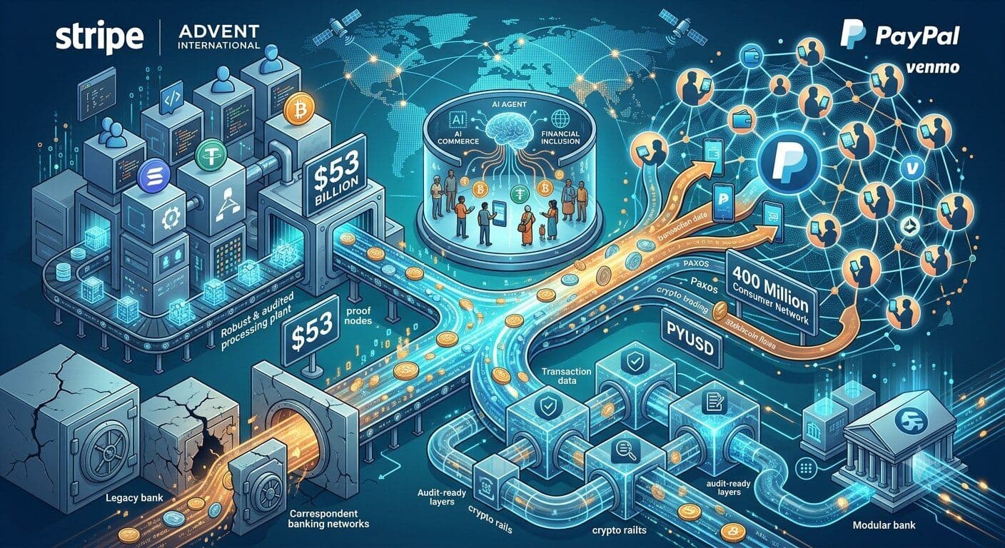 Executives analyze a global digital payments network linking stablecoins, crypto rails, compliance systems and consumer payment platforms.