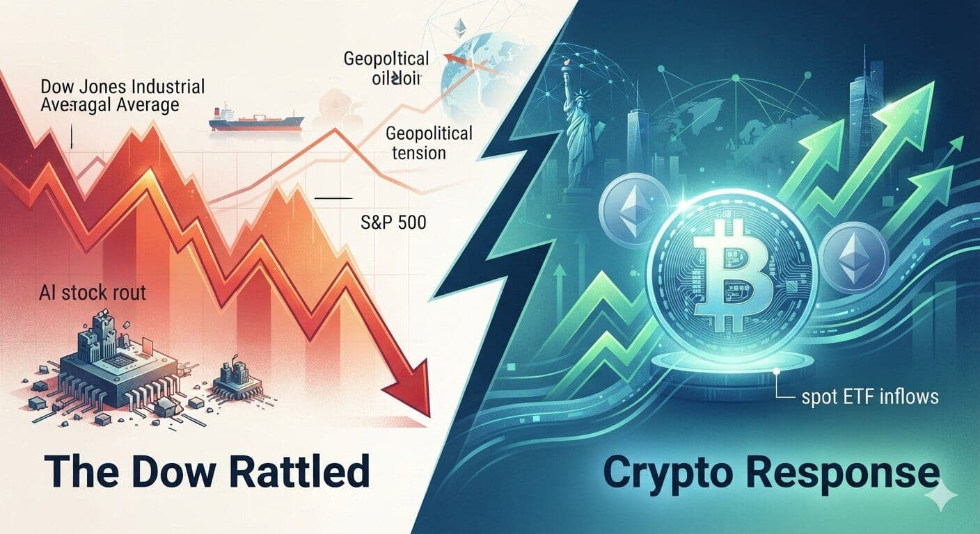 Stock market ticker board showing Dow Jones Industrial Average decline alongside a Bitcoin price chart holding steady, representing crypto's potential decoupling from equities.